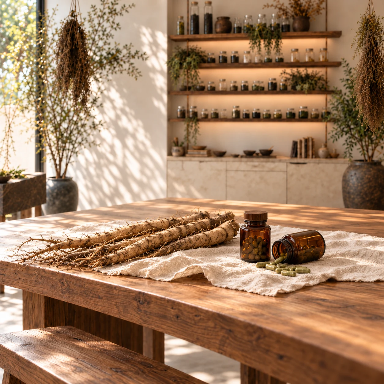 Burdock roots and two small unlabeled dark amber glass bottles with green capsules on linen in a sunlit apothecary