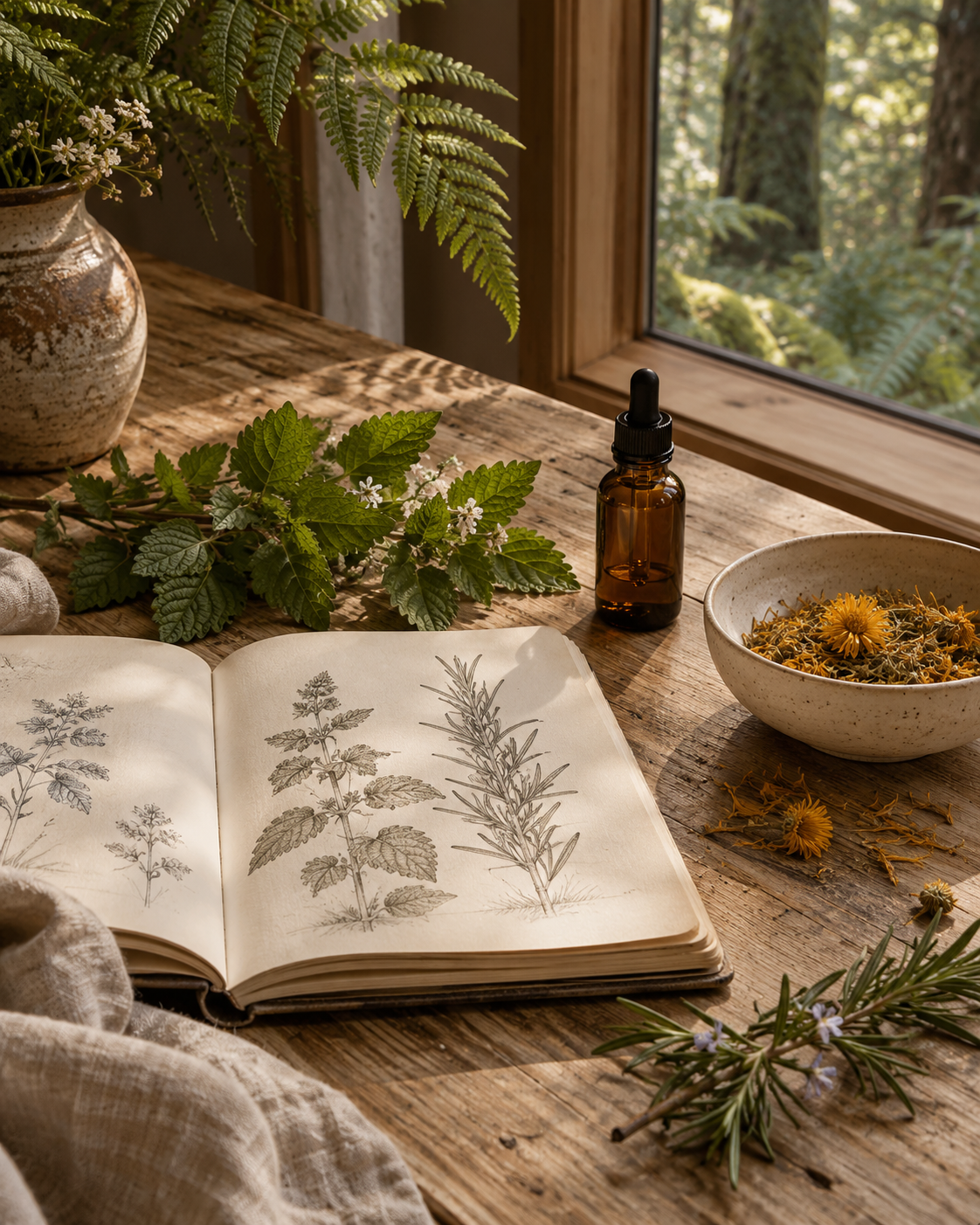 A botanical notebook, fresh herbs, calendula, and an amber bottle on pale oak