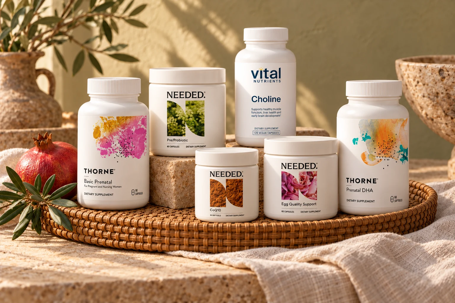 Thorne Basic Prenatal and Prenatal DHA, Needed CoQ10, Egg Quality Support and Prenatal Pre/Probiotic, and Vital Nutrients Choline arranged on a woven tray