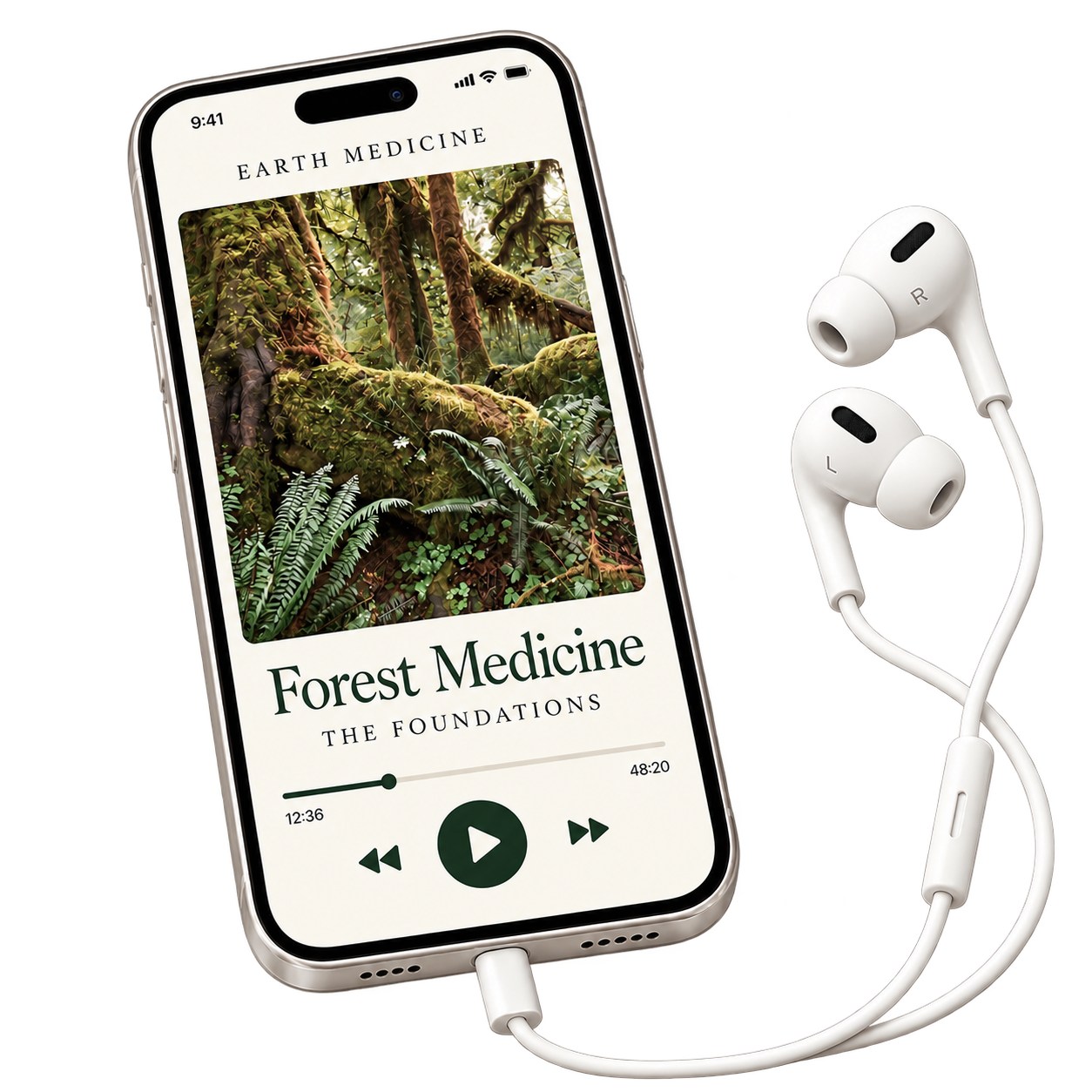 Forest Medicine from The Foundations, on an Earth Medicine phone beside white earphones
