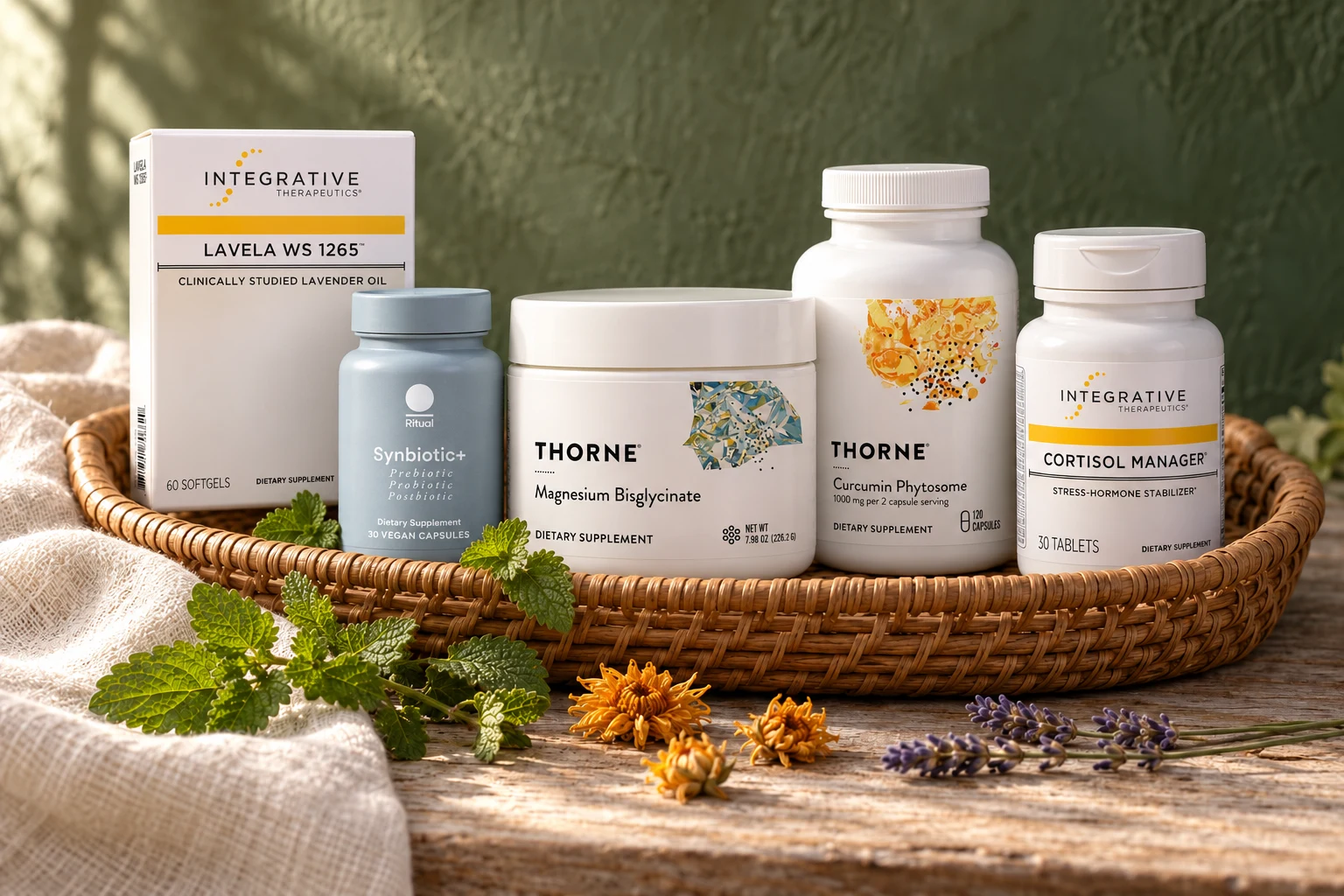 Selected Grief Medicine products in a basket with lemon balm and calendula