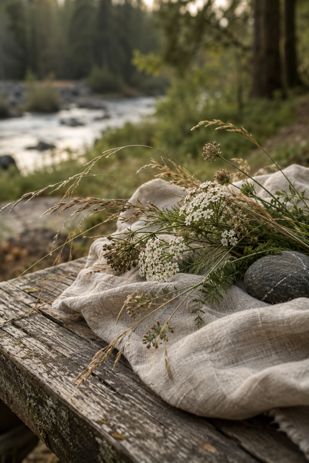 Wild grasses, yarrow and a river stone resting on natural linen