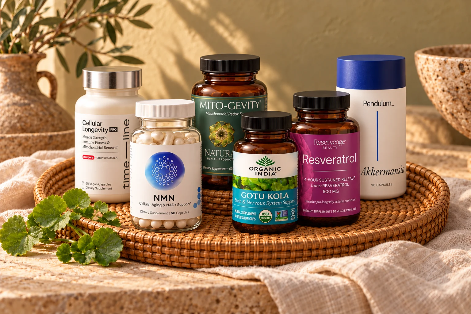 Timeline Mitopure, InfiniWell NMN, Natura Mito-Gevity, Organic India Gotu Kola, Reserveage Resveratrol, and Pendulum Akkermansia grouped closely on a woven tray