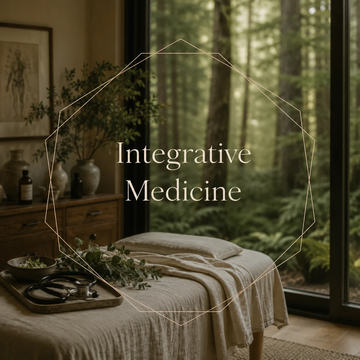 A cozy room with a massage bed, wooden furniture, and a large window showing a forest outside. The window has a view of tall trees and greenery.