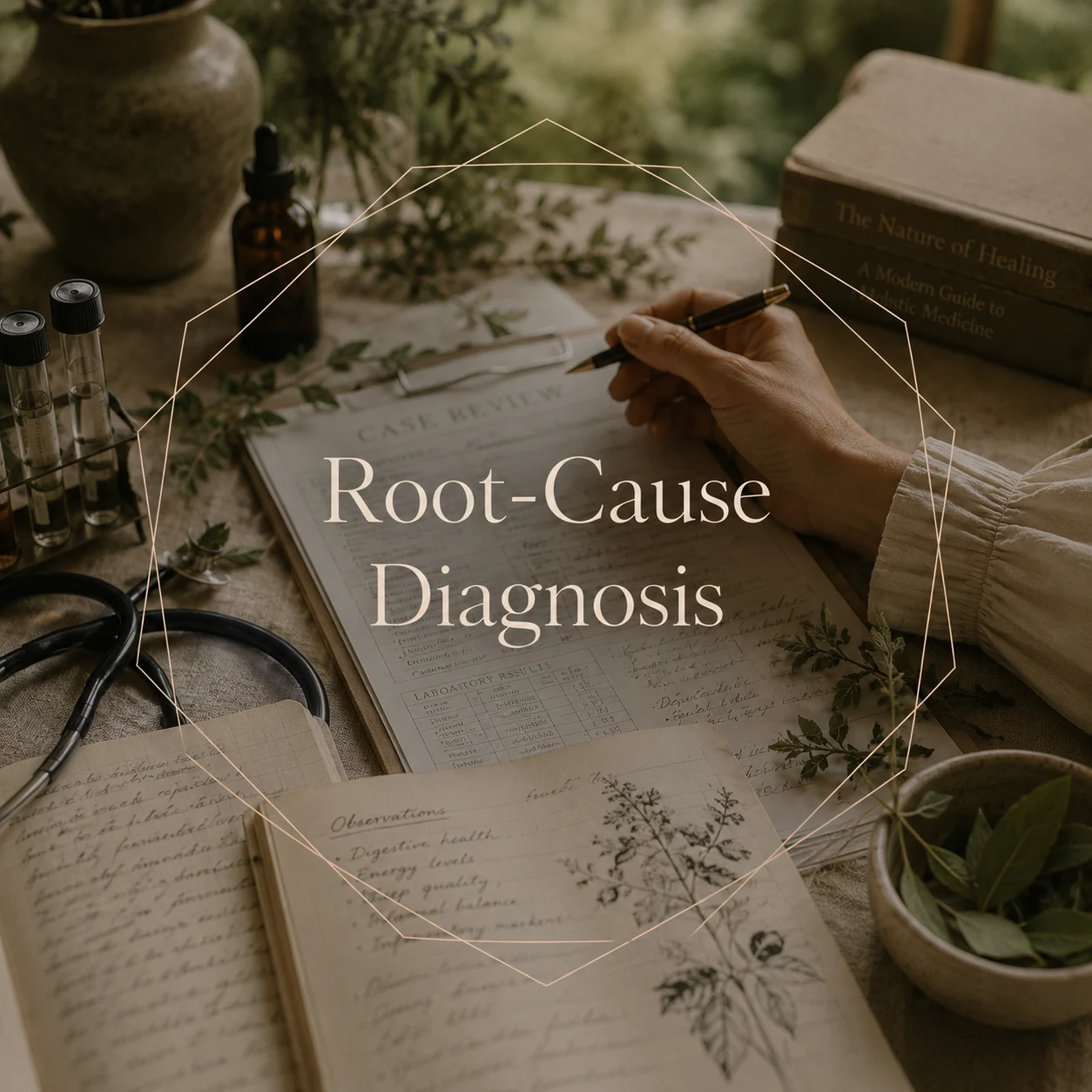 A person writing on a medical case review form at a wooden desk, surrounded by plants, books, test tubes, and a stethoscope, with the text "Root-Cause Diagnosis" overlaid on the image.