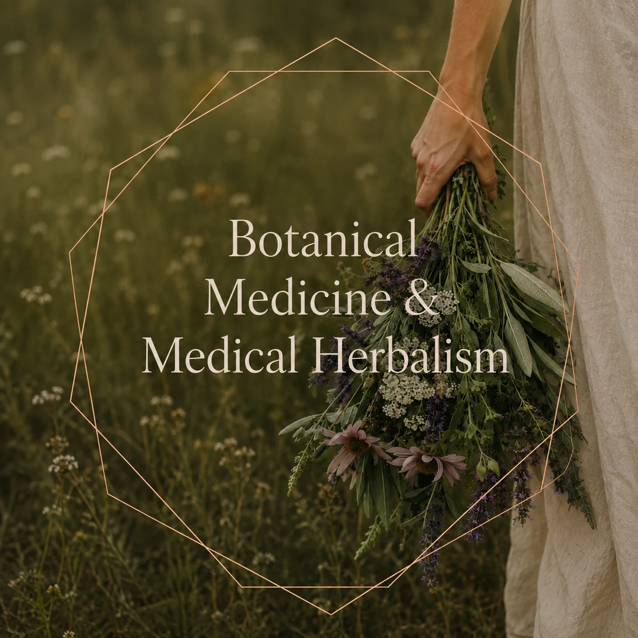 Person holding a bouquet of various herbs and flowers in a field, with the text 'Botanical Medicine & Medical Herbalism' overlaid.