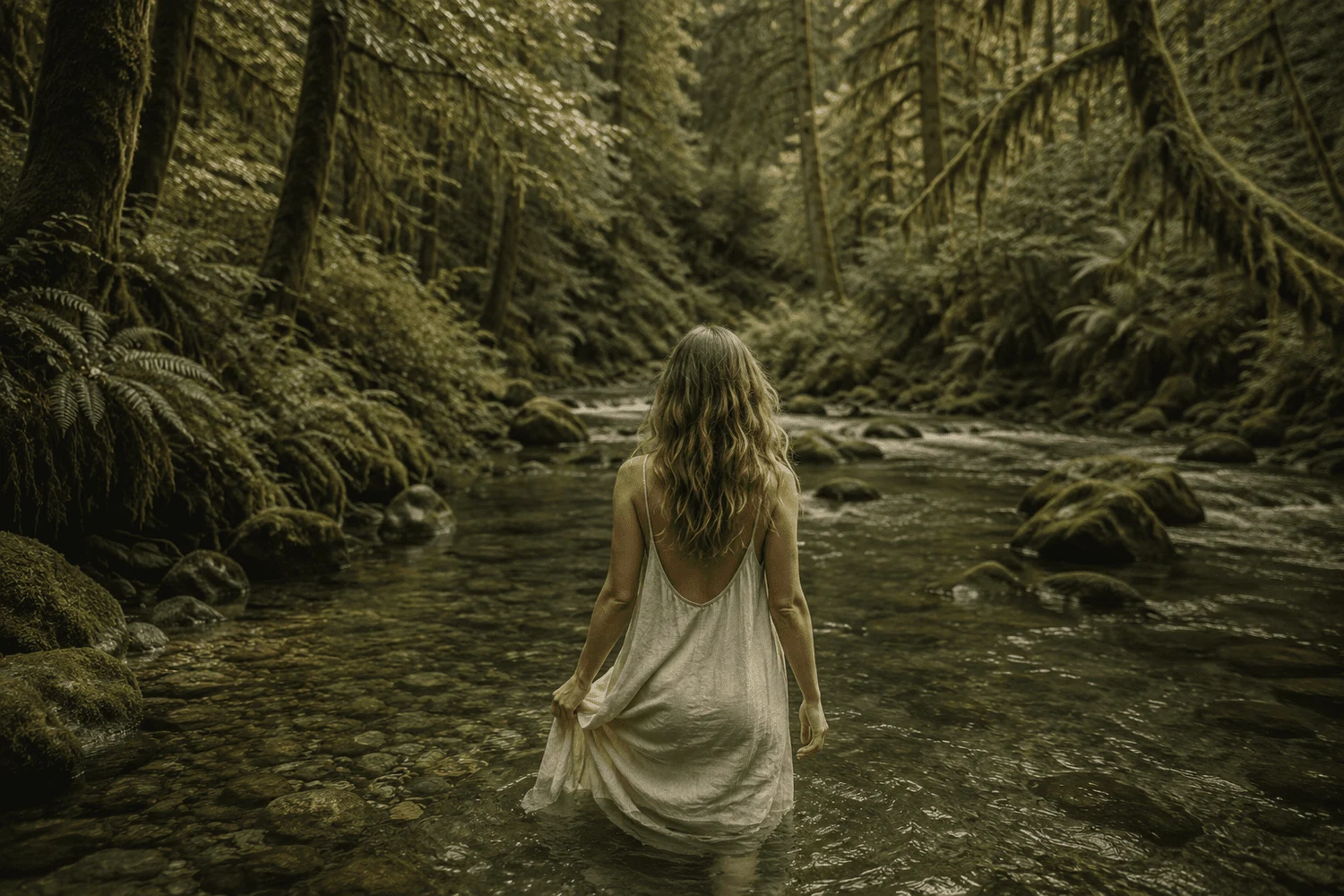 Woman with long curly hair in a beige dress wading into a creek in a lush green forest.