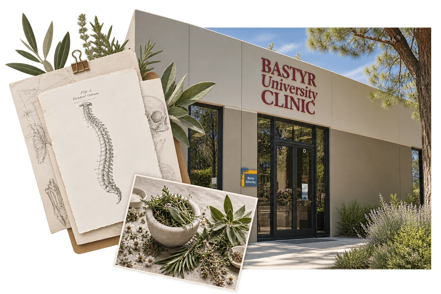 A collage featuring scientific drawings of a vertebral column, herbs, and plants in a mortar, overlaid on a photo of the Bakytor University Clinic building with greenery and trees outside.