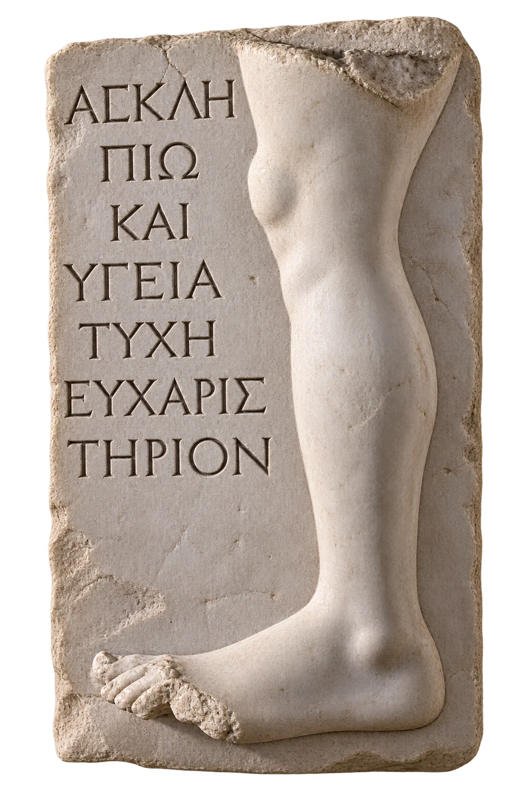 Ancient Greek marble relief with a partially preserved female torso on the right and Greek inscription on the left.